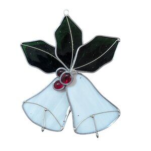 Stained Glass Holly & Bells Ornament White Green Red‎ Holiday Décor Handcrafted